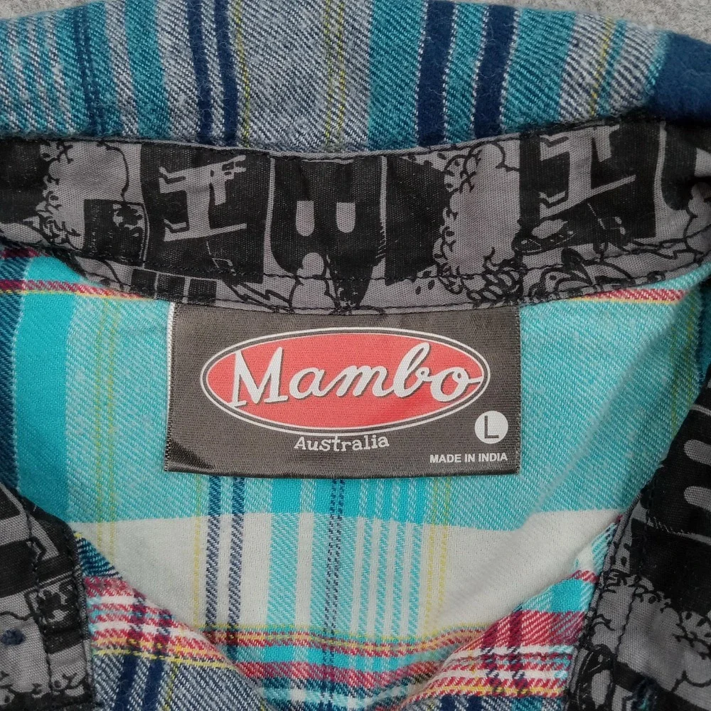 Mambo Shirt Mens Large Multicolor Plaid Flannel Button Front Long Sleeve Casual*